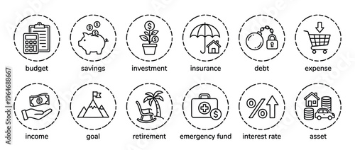 Financial icons illustrating various personal money management concepts and economic principles for financial planning.