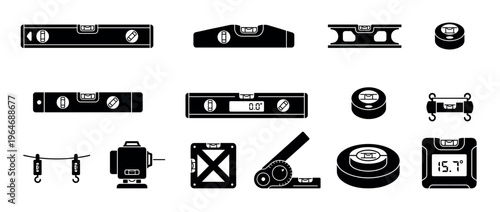 Spirit levels and angle measuring tools collection featuring various types of bubble levels for construction, carpentry, and DIY projects.