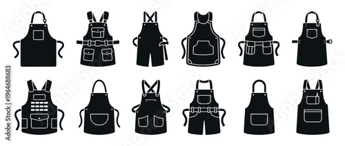 Assortment of aprons in black silhouette, depicting various styles suitable for cooking, crafting, and professional tasks with pockets.
