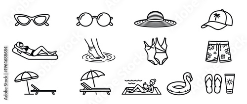 Summer beach vacation icons set featuring various holiday elements like sunglasses, hats, swimwear, and leisure activities for travel and relaxation.