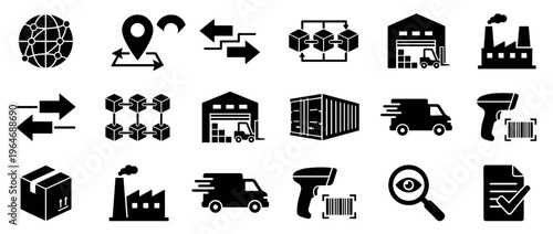 Logistics and supply chain management icons set, illustrating global shipping, delivery, warehouse operations, and inventory tracking processes.