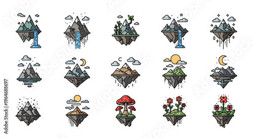 Colorful fantasy mountain landscape icons set.