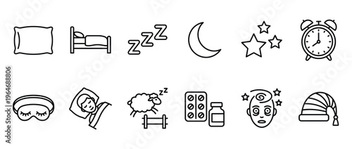 Sleep and Insomnia Vector Line Icons Set, including pillow, bed, moon, stars, alarm clock, sleep mask, sleeping person, counting sheep, pills, and tired person.