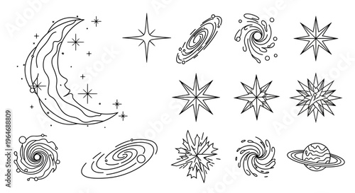 Black and white celestial body drawings.