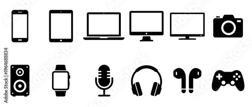 Collection of modern electronic devices icons including smartphone, tablet, laptop, monitor, camera, speaker, smartwatch, microphone, headphones, earbuds, and game controller.