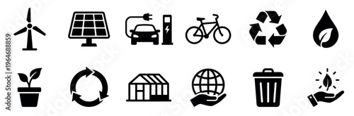 Ecology icons, environmental symbols, sustainability pictograms representing renewable energy, recycling, and nature conservation.