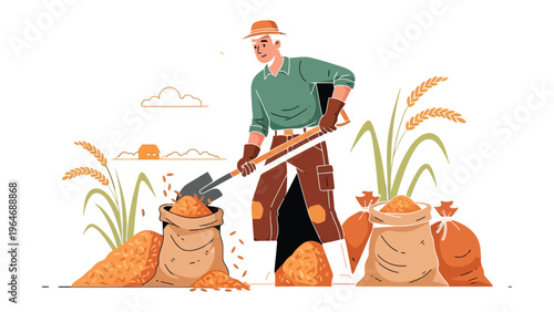 Farmer's Harvest: A diligent farmer diligently scoops golden grains into burlap sacks, highlighting the integral role of agriculture and harvest season. 