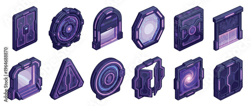 Futuristic doors and portals with glowing purple light, circuit patterns, and advanced technology in an isometric view.