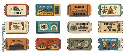 Hand-drawn collection of various event tickets and passes for entertainment, culture, and sports activities in a vintage style.