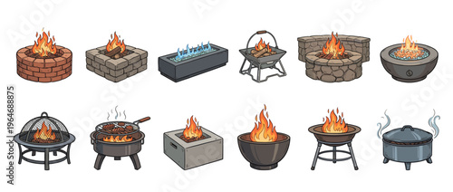 Collection of various outdoor fire pits, fire bowls, and grilling equipment with burning flames for backyard entertainment and cooking.