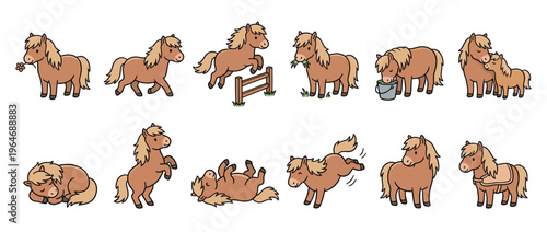 Adorable cartoon ponies in a collection of different poses and actions, including jumping, grazing, sleeping, and interacting with a foal.