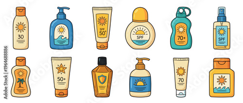 Collection of various sunscreen bottles and tubes with different SPF factors for summer skin protection.