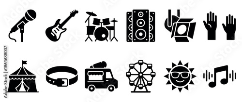 Music festival event icons collection featuring various entertainment symbols like instruments, stage equipment, and amusement park attractions.