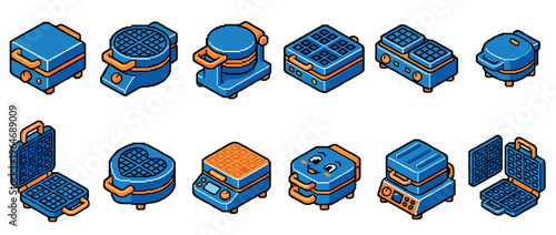 Isometric pixel art waffle makers set showcasing various kitchen appliances for delicious breakfast preparation.