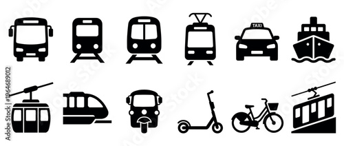 Transportation icons set featuring various public and private vehicles like bus, train, taxi, ship, cable car, scooter, and bicycle for travel.