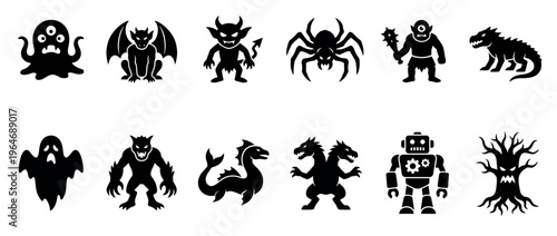 Set of diverse fantasy monsters, scary creatures, and mythical beasts depicted as simple black silhouette icons.