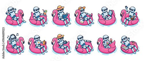 Robots enjoying summer vacation on pink flamingo inflatable rings, engaging in various relaxing leisure activities by the water.