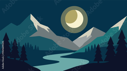 Stylized Mountain Night Landscape with River, Forest, and Moon