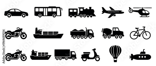Transportation vehicles icons set collection featuring various modes of travel and delivery in simple black silhouette illustrations.