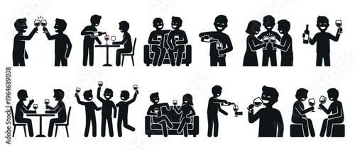 Silhouettes of happy people drinking wine, toasting, pouring, and celebrating at social gatherings and parties.