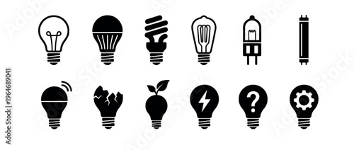 Various types of light bulbs and creative concept icons representing ideas, energy, and innovation in a versatile collection.