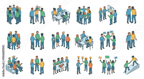 Diverse groups of people engaging in various business interactions, teamwork, collaboration, and communication activities.