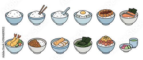 Collection of various Japanese rice bowls and traditional Asian dishes presented in a charming cartoon doodle style, ideal for culinary themes.