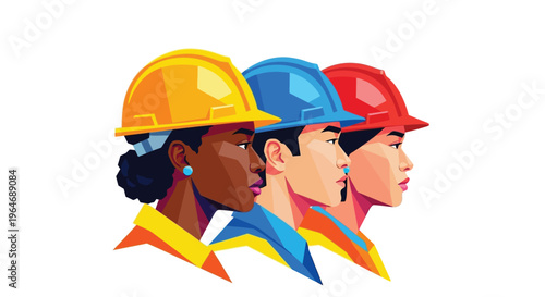 Diverse construction workers wearing safety helmets in a vector illustration