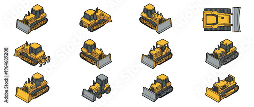 Isometric bulldozer illustrations showcasing various perspectives of powerful yellow construction and earthmoving vehicles for industrial projects.
