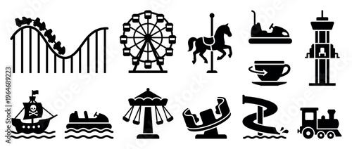 Amusement park rides icons collection featuring various popular attractions like roller coaster, Ferris wheel, carousel, and water slide for entertainment concepts.