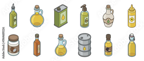 Various cooking oils and liquid food products in different bottles, jars, and containers, presented in an isometric illustration style.