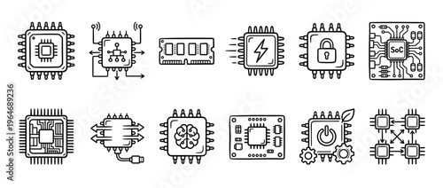 Microchip processor computer hardware technology icons representing various digital components, electronic systems, and computing concepts in a hand-drawn doodle style.