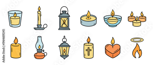 Candles lanterns and flames doodle icons set, hand-drawn cartoon style illustrations of various light sources for decoration and spirituality.