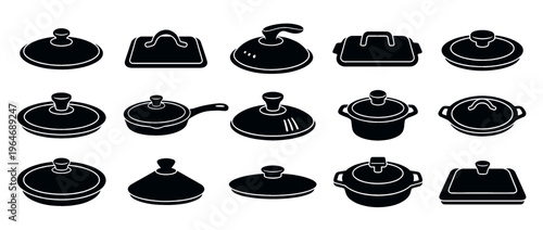 Collection of various pot lids and pan lids for kitchen cookware in different shapes and sizes.
