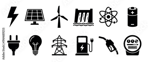 Collection of energy icons representing various power sources, electricity generation, consumption, and renewable technologies in a modern graphic style.