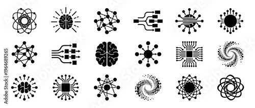 Artificial intelligence, technology, and data processing icons representing neural networks, digital systems, scientific concepts, and smart solutions.