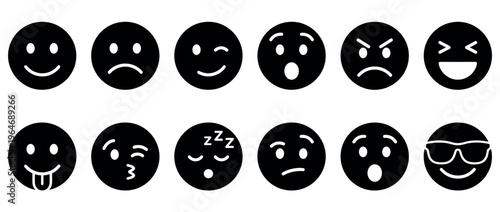Emoji icons set displaying a wide range of human emotions and expressions, from happiness to anger and surprise for digital communication.