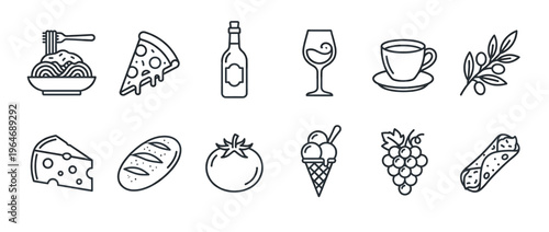Italian food and drink icons, a diverse collection of culinary symbols including pasta, pizza, wine, coffee, cheese, bread, tomato, ice cream, grapes, and cannoli.