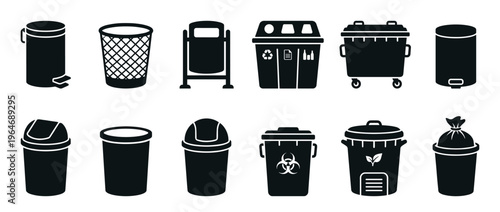 Collection of various trash cans, waste bins, and recycling containers in a black silhouette style, representing different types of refuse disposal solutions.