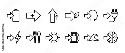 Collection of various input and output line icons representing energy, resources, consumption, and conceptual processes.