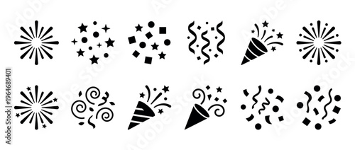 Celebration icons set featuring various party elements like fireworks, confetti, streamers, and party poppers for festive designs.