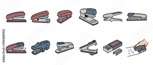 Staplers, staples, and office supplies collection featuring various types of stapling tools, a staple remover, and a hand in action.
