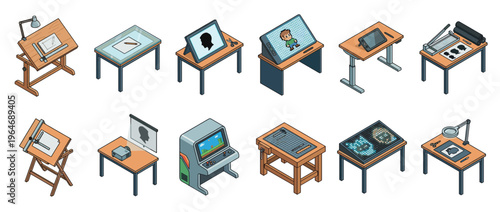 Creative workstations and design tools collection featuring various isometric art, drafting, and digital illustration equipment for artists and designers.
