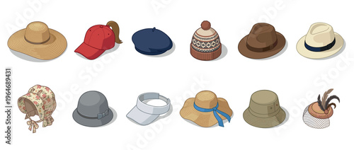 Various hats and headwear collection in isometric style showcasing a diverse range of fashionable caps and head coverings.