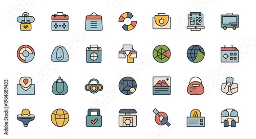 Set of Travel and Business Icons: Luggage, Calendar, Globe, Map Pin, Briefcase