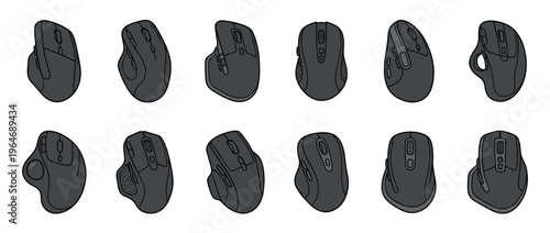 Twelve different computer mice in a diverse collection showcasing various ergonomic and standard designs for digital work