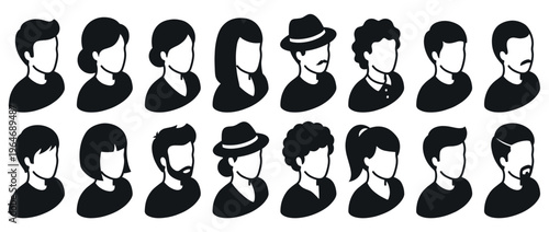 Diverse user avatars and profile icons representing various people with different hairstyles, facial hair, and accessories for web and app design projects.