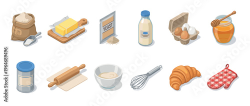 Baking ingredients and tools set with flour, butter, milk, eggs, honey, yeast, and a fresh croissant for homemade pastry preparation.