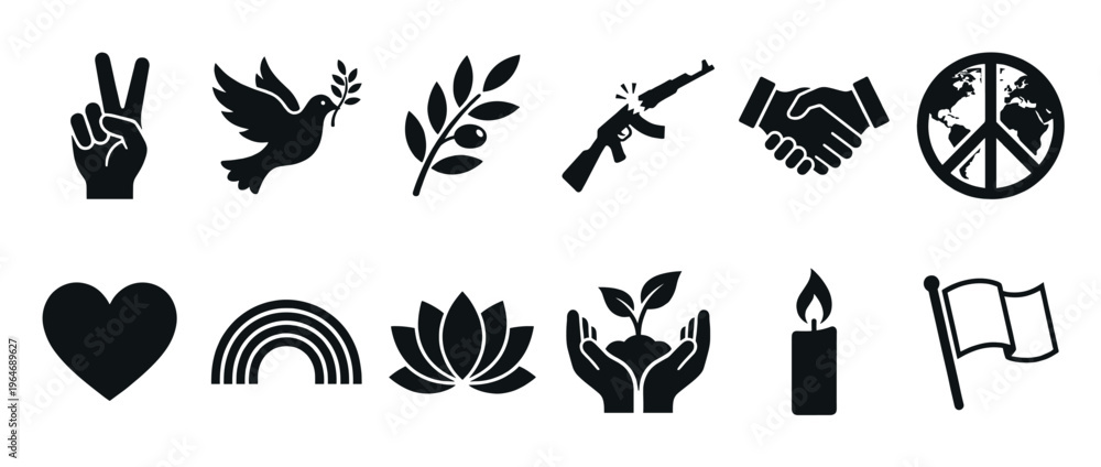 Fototapeta premium Peace symbols, harmony icons, and unity signs representing hope, love, and environmental care in a collection of vector graphics.