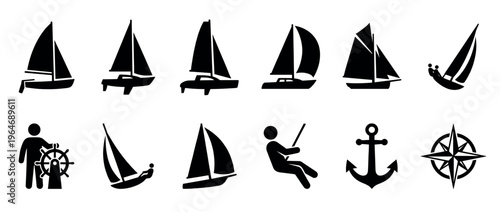 Collection of various sailboat and marine navigation icons, representing sailing, boating, and nautical adventures.